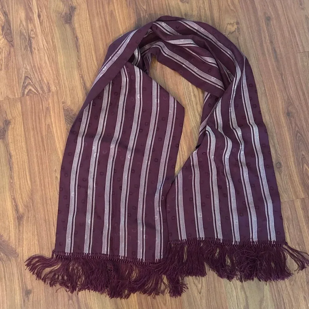 Vintage DKNY maroon cranberry striped 100% silk scarf with tassels